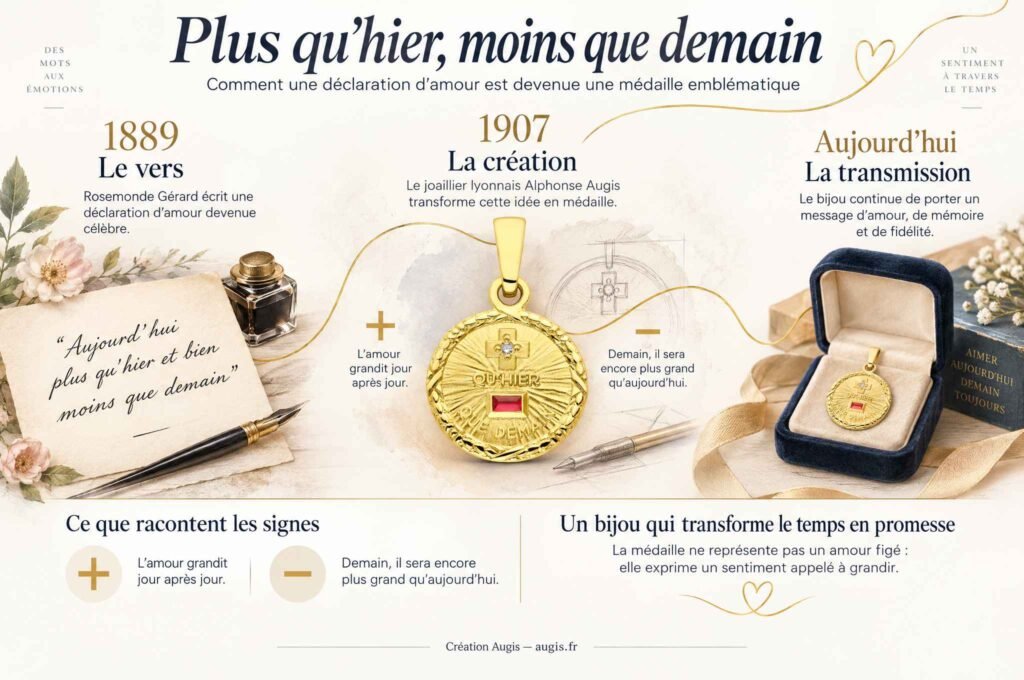 Infographie sur l’origine de la médaille Plus qu’hier moins que demain créée par Augis.