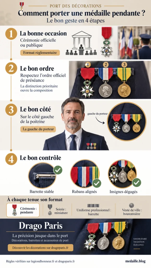 Guide visuel pour porter une médaille pendante à gauche de la poitrine dans le respect de l’ordre de préséance