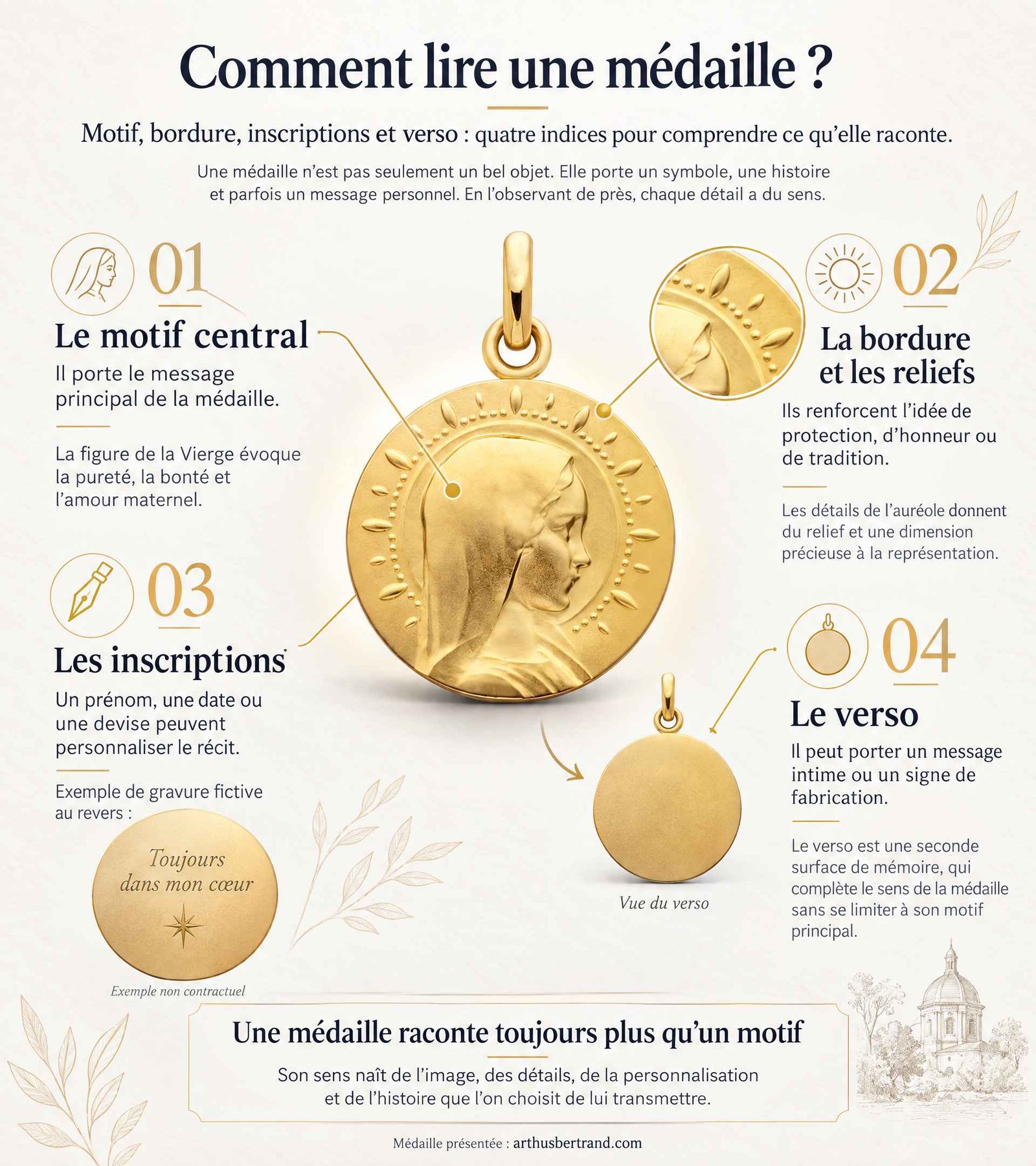 Infographie expliquant comment lire une médaille : motif central, bordure, inscriptions et verso